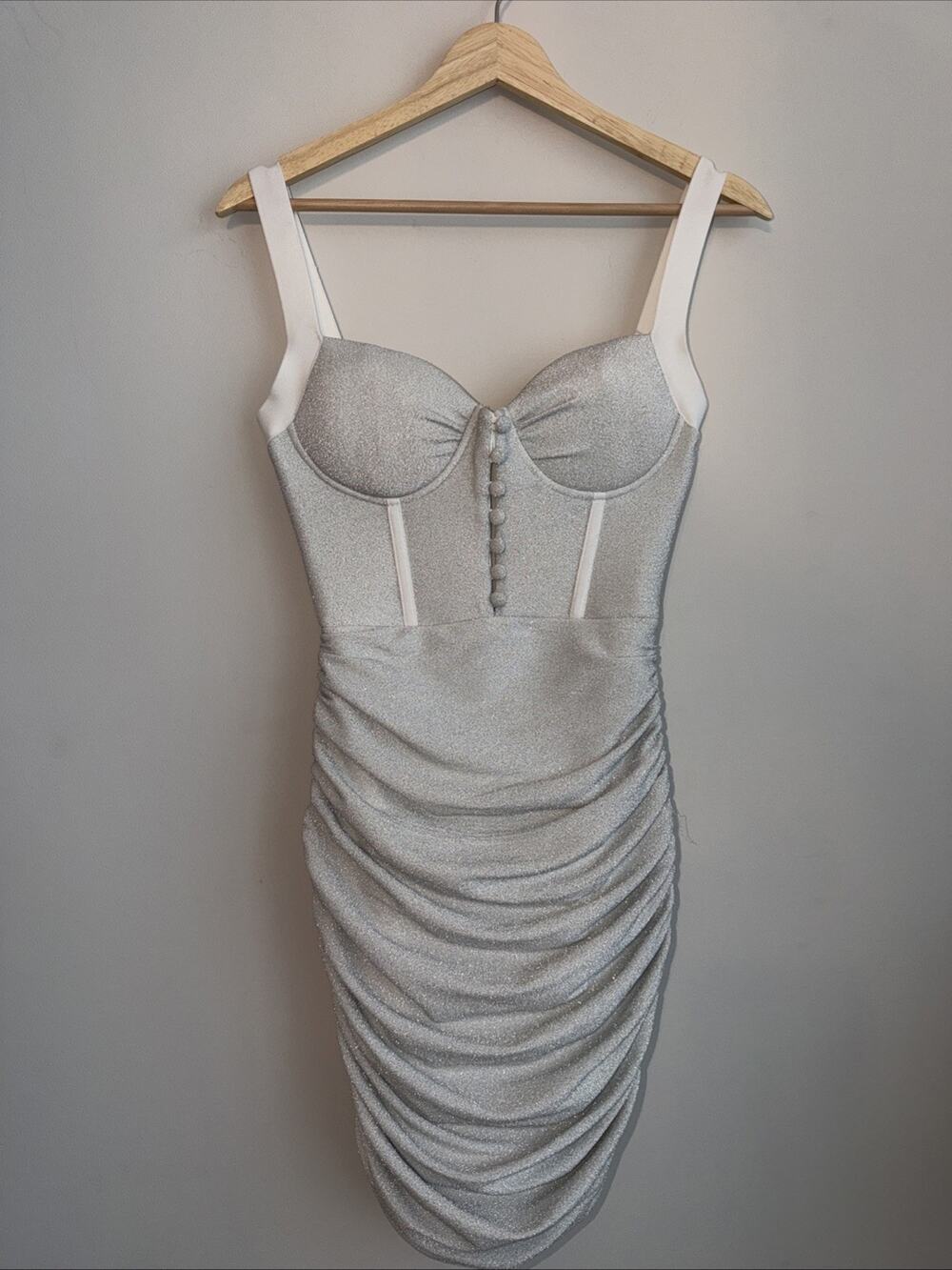 BELLA BARNETT Midi Bandage Dress Corset Bustier Ruched Stretch Bodycon Silver S